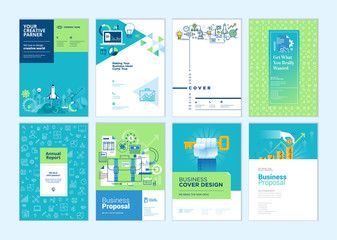 Set of brochure, annual report, business plan cover design templates. Vector illustrations for business presentation, business paper, corporate document, flyer and marketing material.