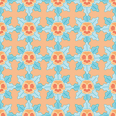Fototapeta premium Simple pansy flowers vector repeat pattern. Floral and leaves seamless illustration background.