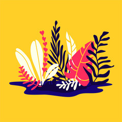 Vector flat illustration with colorful tropical leaves on yellow background. Botanical clip art. Exotic nature. Cartoon scandinavian style. Poster for web banner design cover decoration greeting card