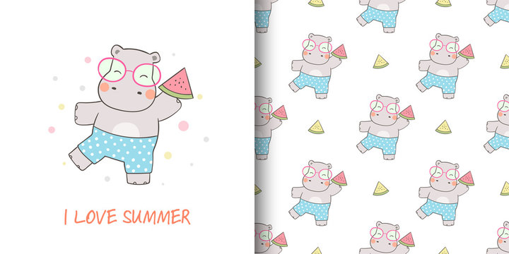 Greeting card and print pattern hippo holding watermelon for summer.