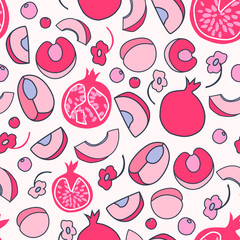 Vector cartoon seamless pattern with fruits red pomegranate pink peach on white background. Flat style. Scandinavian. Kitchen textile, wallpaper, web banners, vegan shop package design. Handraw.