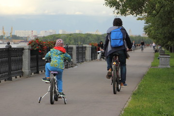 A kid and father cyclists pair rides together on bicycles along the embankment in Park on a summer day, back view on alleyway road, urban outdoor sports family recreation
