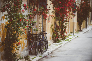 Two bicycles and flowers on the street in Greece. Closed season 2020.  