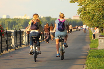 Obraz premium A cyclists woman pair rides together on bicycles along the embankment in Park on a summer day, back view on alleyway road, urban outdoor sports recreation