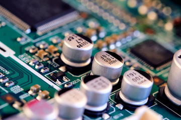 Electronic circuit board close up.	