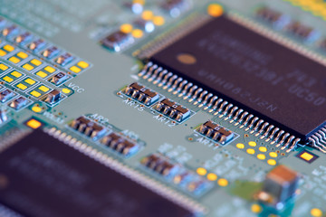 Electronic circuit board close up.	