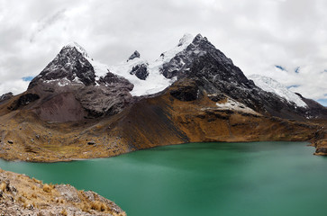 Lake and Ausangate mountain, in the Vilcanota mountain range. Andes of Peru.
