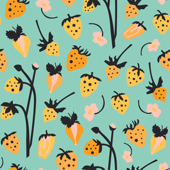 Vector vintage seamless pattern with yellow strawberries on blue background. Cartoon hand draw style. Vintage texture for kitchen textile design, wallpaper, fabric, covers, poster. Summer background.