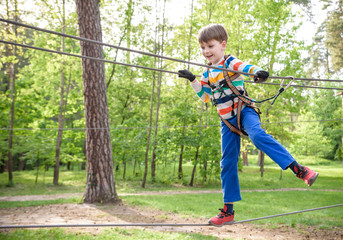Cute child boy playing. Artworks depict games at eco resort which includes flying fox or spider net. Every childhood matters. Toddler age. Children fun