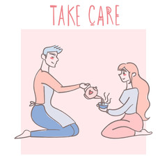 Cartoon characters. Man and woman. Lovely lovers. Couple drinking tea