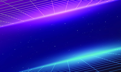 Galaxy Background with 3D grids and neon bright lights inspired by video games and scifi movies - obrazy, fototapety, plakaty