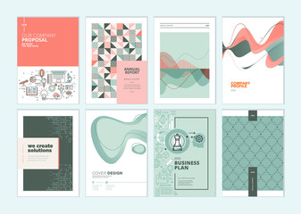 Set of brochure, annual report, business plan cover design templates. Vector illustrations for business presentation, business paper, corporate document, flyer and marketing material.
