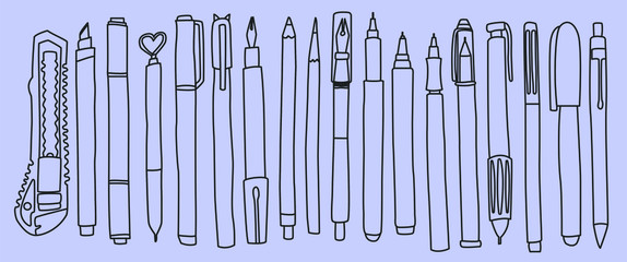 Vector line art with defferent office supplies, pens and pencils, supplies for sketching isolated on blue background. Graphic art. Hand draw style. Different shapes of markers and pens. Calligraphy.