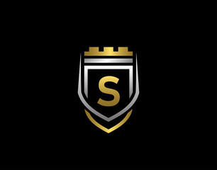Gold Heraldic S Letter Monogram. Elegant retro minimal shield Shape.  Crown, Castle , Kingdom Logo Design.