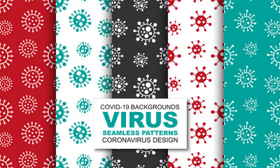 Set of vector colorful seamless art virus patterns. Black and white endless design. Abstract repeatable bacteria backgrounds. Coronavirus, ncov, covid-19 simple prints