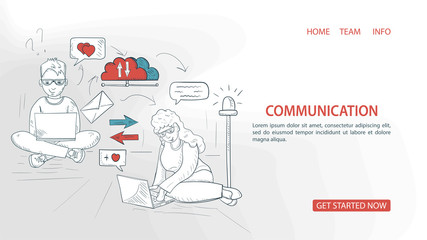 a guy and a girl with glasses communicate over the Internet in laptops For a Website Or Mobile Apps Artificial Intelligence Concept outline Vector Illustration in the style of Doodle sketch