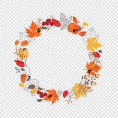 Vector illustration of a colorful wreath of autumn leaves isolated on a transparent background.