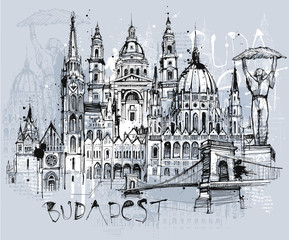Handgezeichnete Budapest Skizze auf einer Ebene reduziert - 345674552