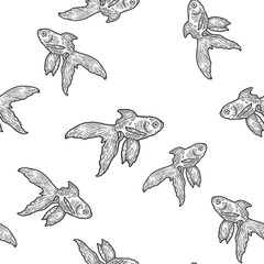 Gold fish. Seamless set. Scratch board imitation. Black and white hand drawn image.