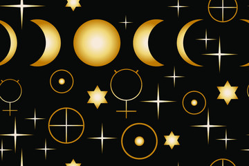 
Moon phases. Astro signs of planets and stars. Esoteric pattern. Gold elements on black background. Seamless vector texture for wallpaper, clothes, fabric, textile, packaging.