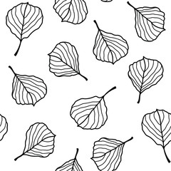 Seamless pattern of beautiful and delicate leaves on a white background. Black and white vector background from abstract leaves. Beautiful background for textile, print, wallpaper.