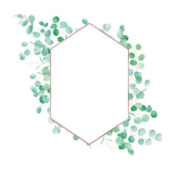 Watercolor green floral frame with eucalyptus. Hand painted pattern with branches eucalyptus. Perfect For Wedding Design