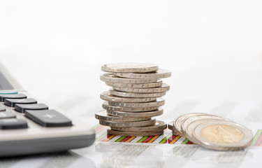 finance with stack of euro coins and calculator