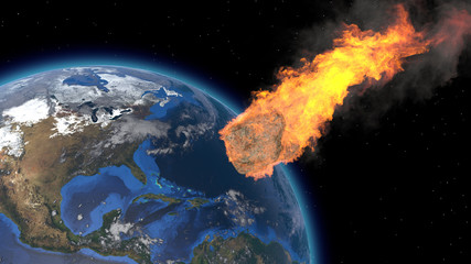 Asteroid Impact on Earth. Asteroid, comet, meteorite glows, enters the earth's atmosphere. 3d rendering. Meteor Rain. Kameta tail. End of the world. Elements of this image furnished by NASA. © merlin74