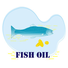 Doodle illustration of salmon fish and fish oil tablet. Natural organic food with high omega-3 content. Vitamins and healthy nutrition.