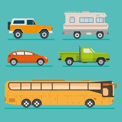 Set of five flat style vehicles : suv, van, pickup, hatchback, bus. Colorful cars collection.