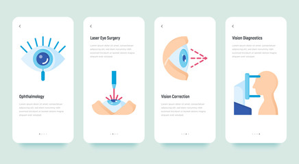 Ophthalmology mobile user interface with flat icons: laser eye surgery, eye test,  autorefractometer. Vector illustration, template with copy space. - obrazy, fototapety, plakaty
