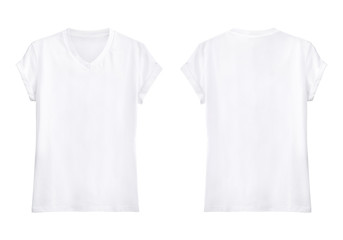 White V-neck T Shirt  front and back on white background, Blank v-neck shirt mock up template,...
