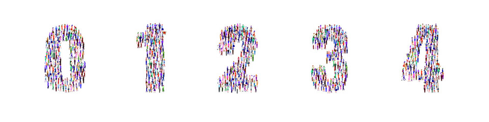 A group of people standing together in numbers 0-9. High angle view or top view image. Vector illustration. Isolated, white background.