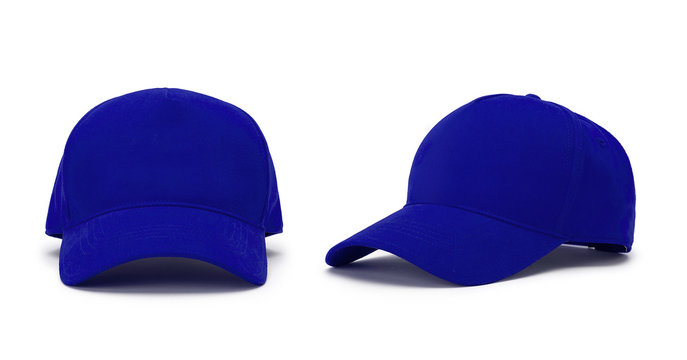 Blue baseball cap isolated on white background. Front and side view