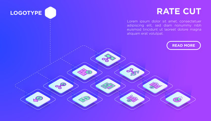 Rate cut web page template with thin line isometric icons: cutting price, cost reduction, sale, discount, receipt, loyalty card, interest. Modern vector illustration.
