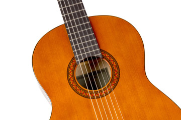 Fototapeta premium Acoustic guitar neck with body and strings on white background in close-up