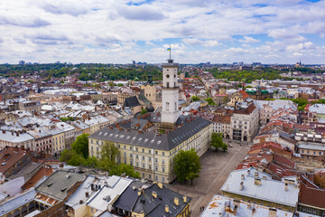 Naklejka premium View on Lviv city hall from drone