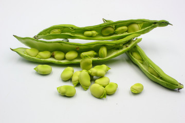 panoramic of open green broad beans in their shells and some shelled beans isolated on a white background