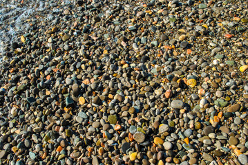 Wet sea pebbles on shore top view