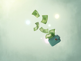 Digital illustration of wallet on green background. Flying money in global economic crisis concept.