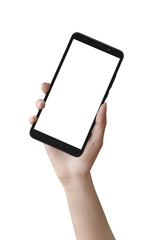 Hand holding  Smartphone isolated on white background.