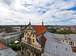 Fototapeta premium View on Jesuit Church in Lviv is dedicated to Sts. Peter and Paul from drone