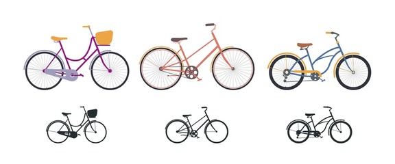 Set of three vintage bicycles in flat style and silhouette icons. 