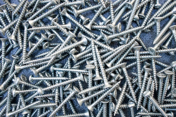 tapping screws made od steel, metal screw, iron screw, chrome screw, screws as a background, wood...