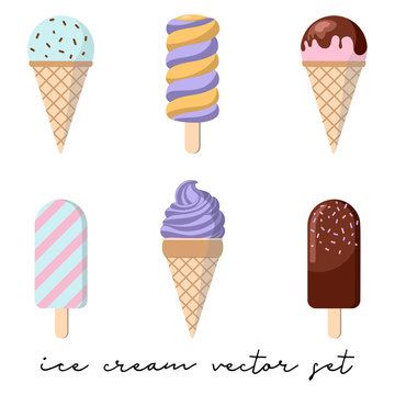 Set of 6 vector ice cream illustrations isolated on white background. Collection of flat illustrations.