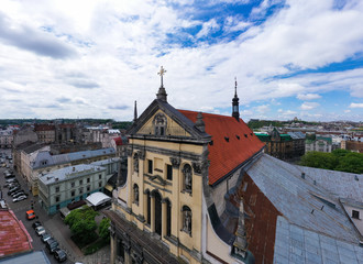 Fototapeta na wymiar View on Jesuit Church in Lviv is dedicated to Sts. Peter and Paul from drone