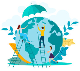 Activists protect the earth from radiation.The concept of fighting for the ozone layer being destroyed.Vector illustration .