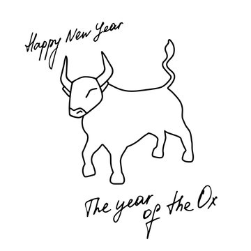 2021. Happy new year. The year of Ox. Hand drawn vector bull icon