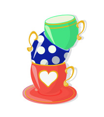 A pile of empty tea cups of red, deep blue and green colors with different decorations.