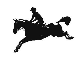 Black and white low key high contrast silhouette of a show jumping rider and horse